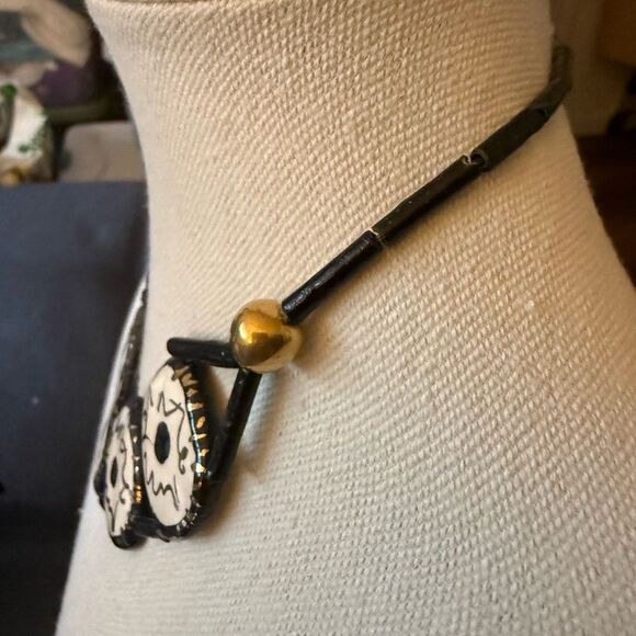 Artisan Made Ceramic Enameled Chocker Necklace on Black Leather Gold Tone Beads. - Picture 3 of 7